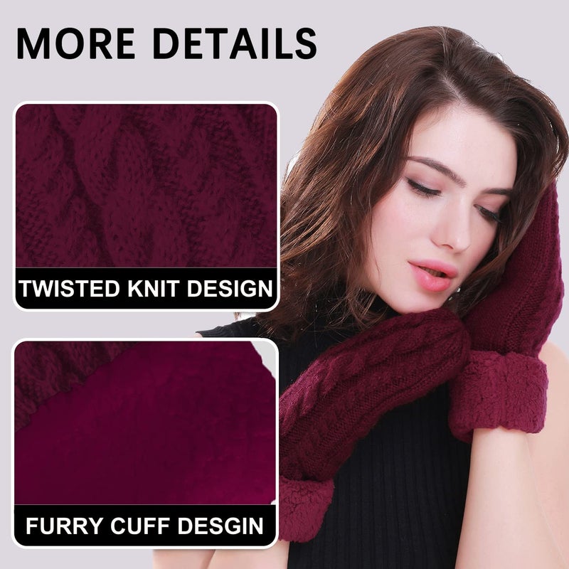 Whiteleopard Women's Winter Gloves Warm Lining - Cozy Wool Knit Thick Gloves Mittens in 11 color (wine red) - Image 4